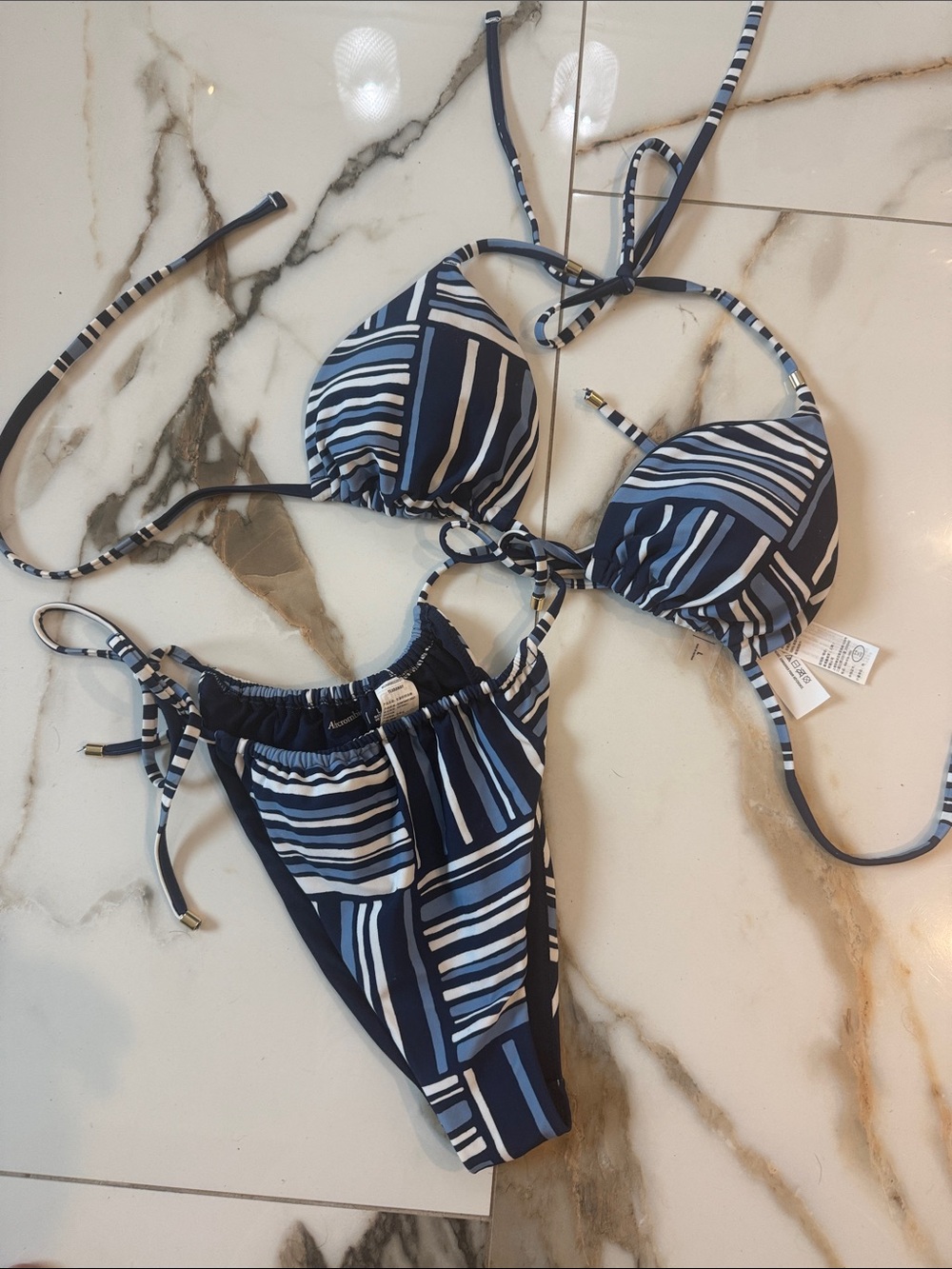 Abercrombie & Fitch Navy, Light Blue & White Striped Triangle Bikini